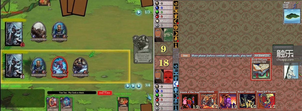 《炉石传说》原型阶段的游戏界面（上），布局效仿《万智牌》早期PC版本的痕迹还相当明显