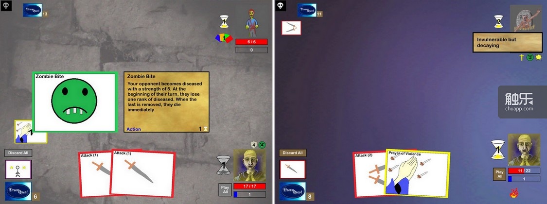 僵尸与食尸鬼对玩家的战术要求截然相反，一个需要在五回合内竭尽全力消灭敌人，一个需要在五回合内尽量龟缩，追求防御效果