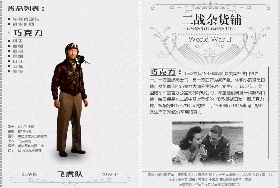 网易《二战杂货铺》专题，左侧是三位真人扮演的二战士兵，右侧是被选中物品的图文介绍