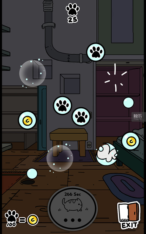 在猫出去的同时可以游玩的戳泡泡游戏。十个猫爪图案相当于一个金币。偶尔也会有金币图案。