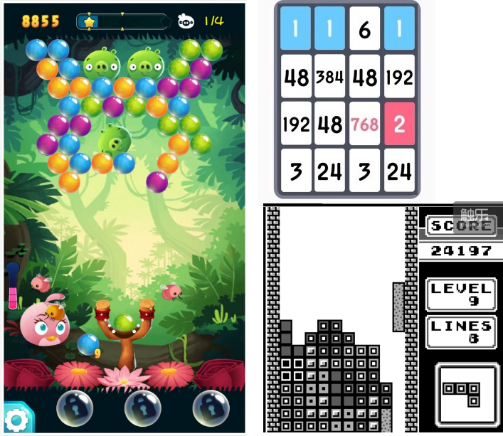 左：Rovio的泡泡龙类型游戏 右上：《threes！》右下：一个传统的俄罗斯方块游戏