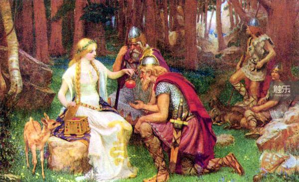 北欧的众神是会老死的，由丰收女神伊登（Iðunn）负责看管能使众神长生不死的魔法苹果。Image by J. Penrose, 1890.
