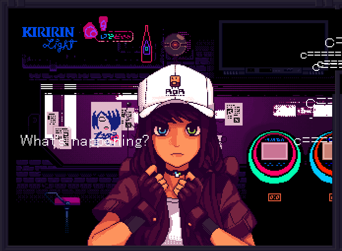 Streaming-Chan是诞生于/agdg/的角色，因此她戴着一顶写着RoR的帽子，上面的图案则来自同社区另一位开发者Vine的《Cavern Kings》（顺便，当她出现在游戏中时，玩家可以手动在屏幕上发送弹幕）