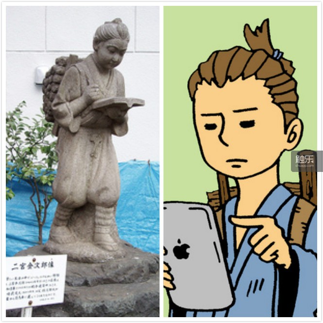 左边是在日本许多中小学校会出现的“”的石像，右边是日本网友对于“不要一边走路一边看手机”的揶揄
